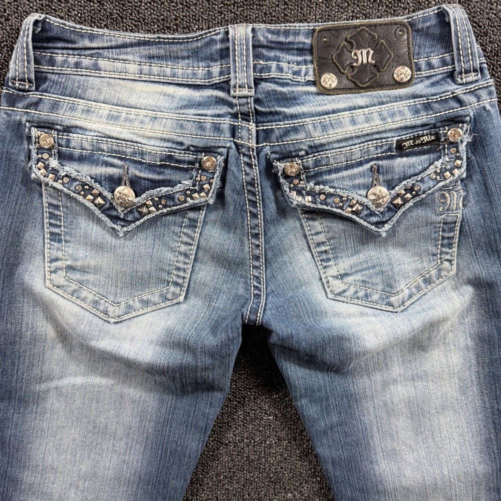 Miss Me Low rise Bootcut Jeans Womens 28 Med Wash Distressed Studded Embellished